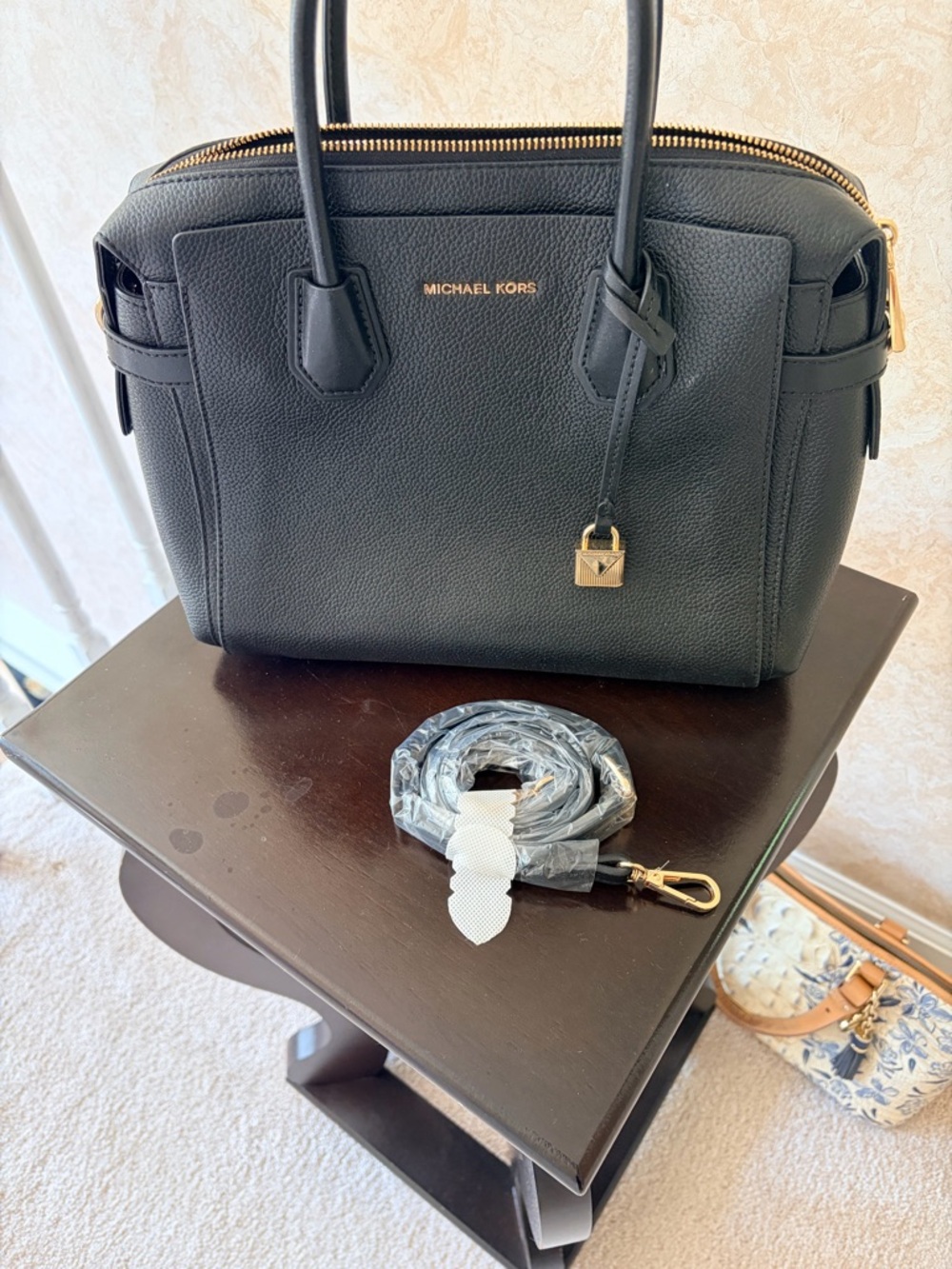 Michael Kors Black Pebbled Leather Satchel with Gold Hardware